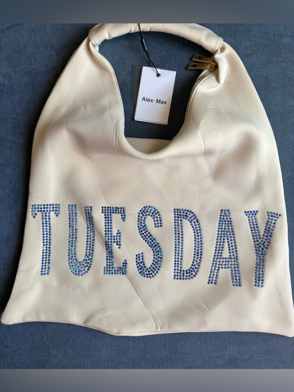 Alex Max TUESDAY Iridescent Crystal Embellished Cream Shoulder Bad Large New